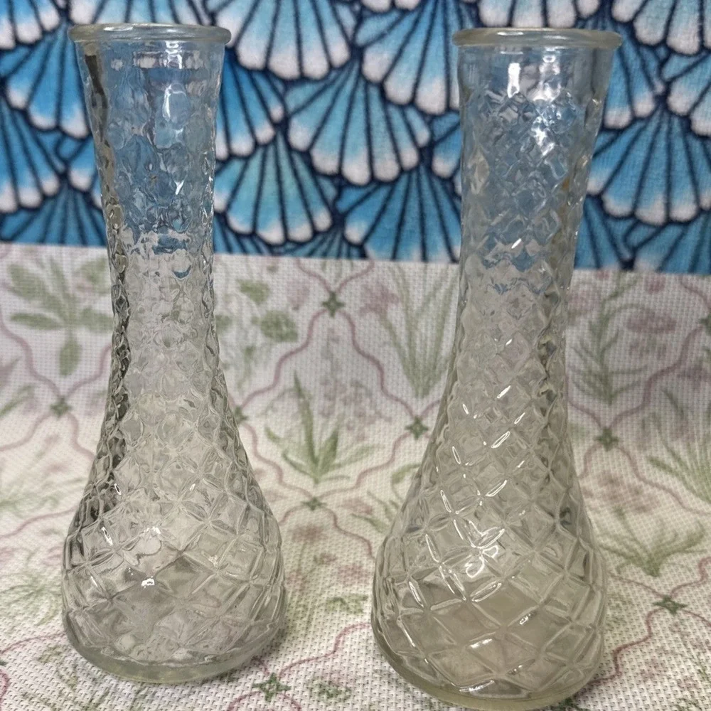 Vintage Clear Glass Diamond Cut Bud Vases Set of 2 Textured 6